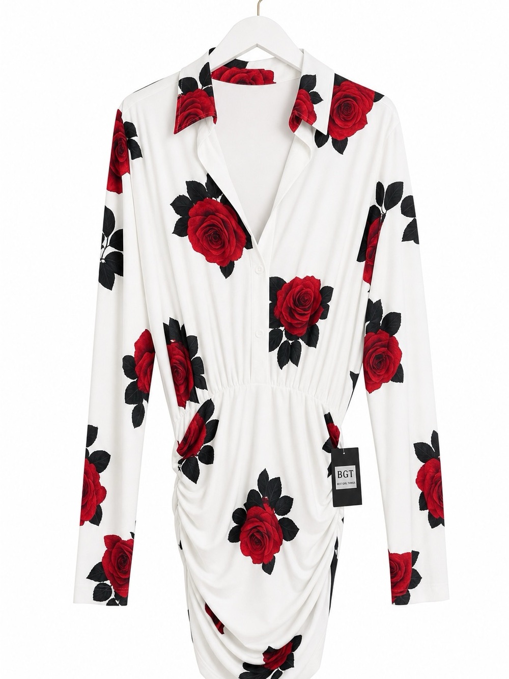 Norma Kamali Red Rose Print Shirred Mini Dress NWT Size M